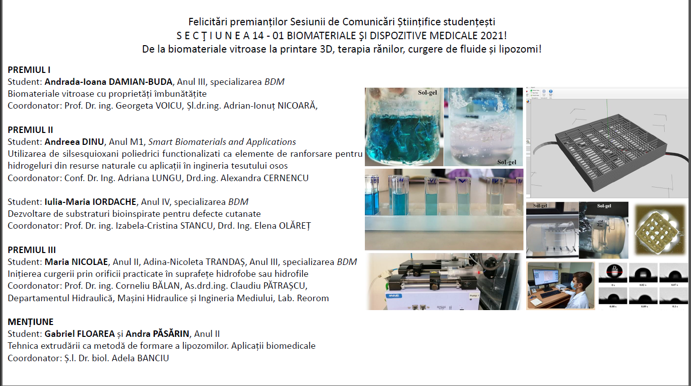 Rezultate Sesiunea de Comunicări Științifice Studențești- SECŢIUNEA 14 – 01 BIOMATERIALE ŞI DISPOZITIVE MEDICALE